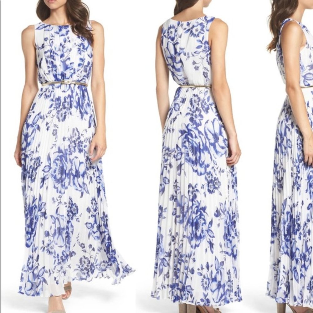 Eliza J Pleated Floral Chiffon Dress